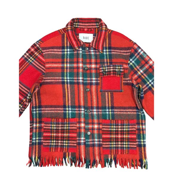 BODE Patchwork Plaid Wool Jacket Red Fringe Hem Button Up Unisex S - Picture 2 of 7